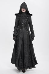 Black Stand Collar Long Sleeves Ruffle Hooded Women's Gothic Long Coat